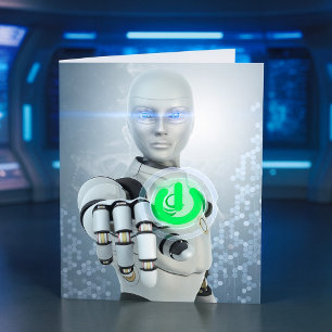 Robot Pushing Power Button Sci-Fi Note Cards