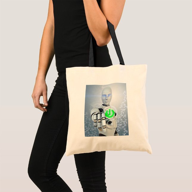 Robot Pushing Power Button Sci-Fi Tote Bag (Creator Uploaded)