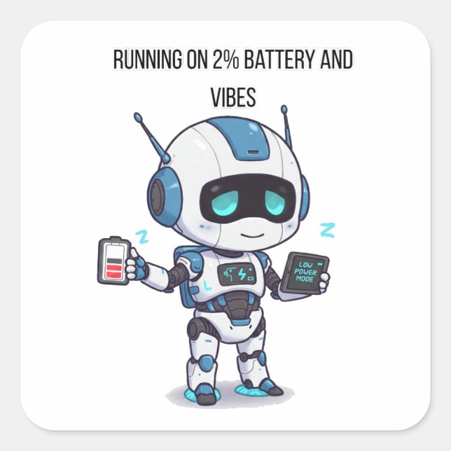 Robot Running on 2% Battery and Vibes Square Sticker (Front)