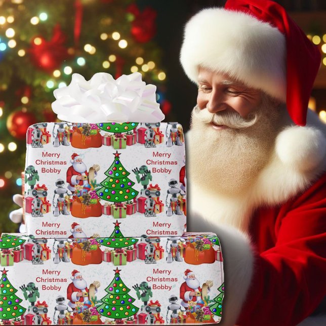 Robot Santa Checking His List Boy's Name Christmas Wrapping Paper (Creator Uploaded)