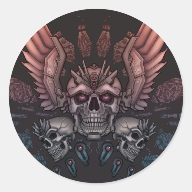 Robot Skull + Wings Classic Round Sticker (Front)