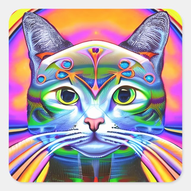 Robot Steampunk Colourful Cat Square Sticker (Front)