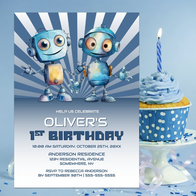 Robot Thème 1er anniversaire Fête Invitation (Créateur téléchargé)