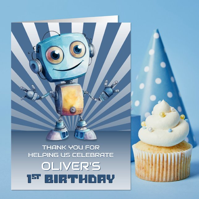 Robot Theme 1st Birthday Thank You Card (Creator Uploaded)