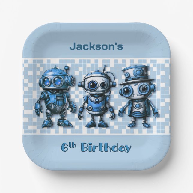 Robot Theme 6th Birthday Party Plates (Front)