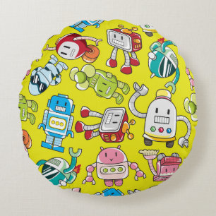 Robot Theme: Colourful Seamless Pattern. Round Pillow