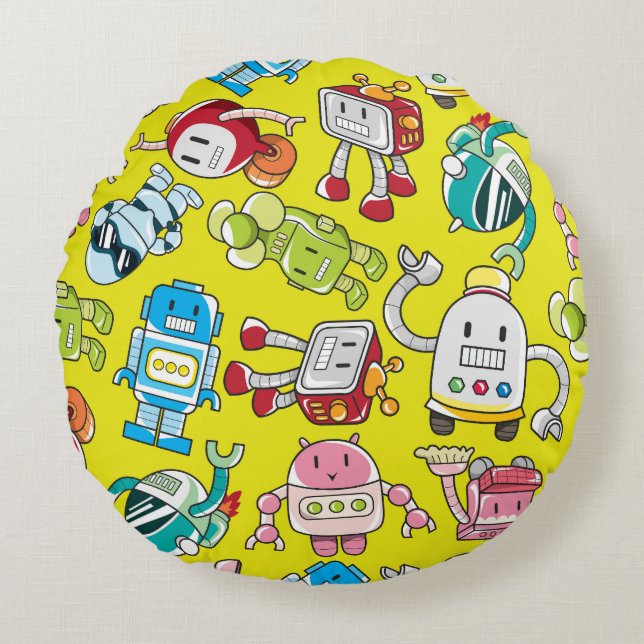 Robot Theme: Colourful Seamless Pattern. Round Pillow (Front)