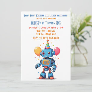robot theme with balloons watercolor invitation