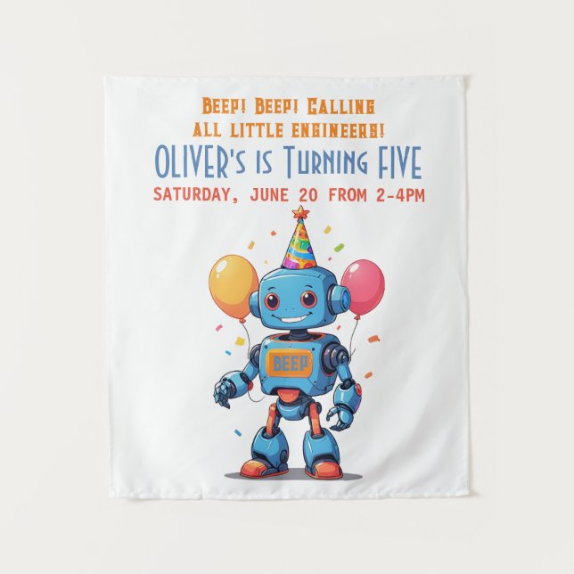 robot theme with balloons watercolor tapestry (Front)