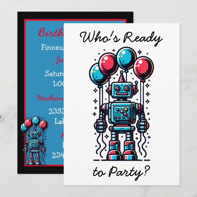 Robot Themed Boy's Birthday Invitation (Front/Back)