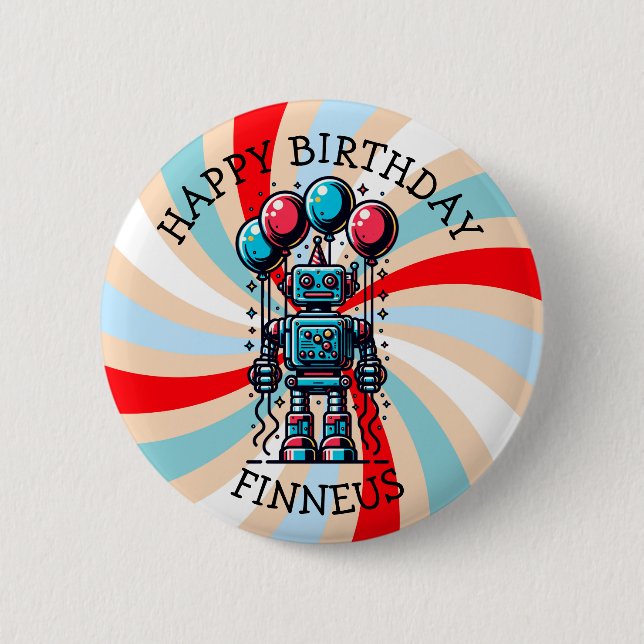 Robot Themed Boy's Happy Birthday 2 Inch Round Button (Front)