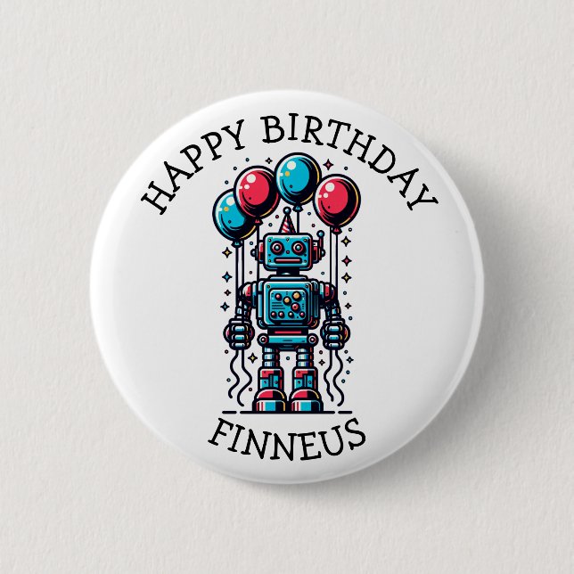 Robot Themed Boy's Happy Birthday 2 Inch Round Button (Front)