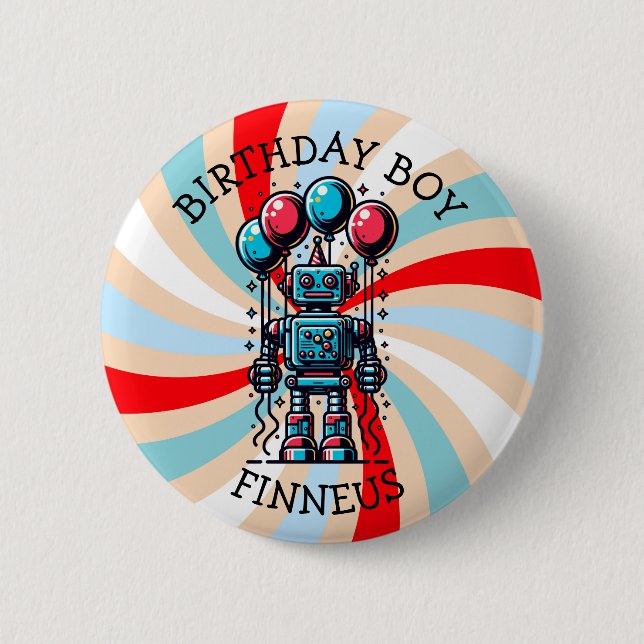 Robot Themed Boy's Happy Birthday Boy 2 Inch Round Button (Front)