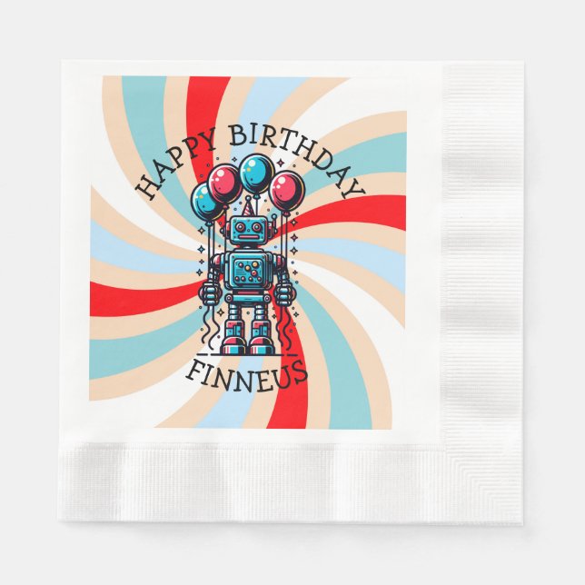 Robot Themed Boy's Happy Birthday Napkin (Front)