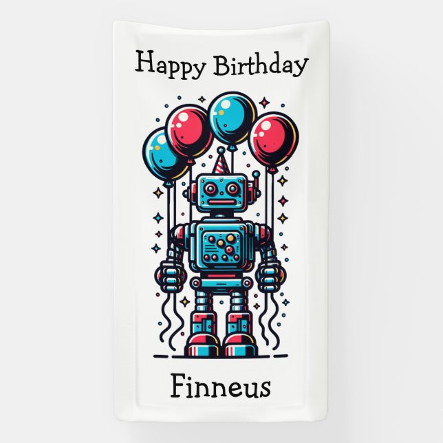 Robot Themed Personalized Birthday Banner (Vertical)