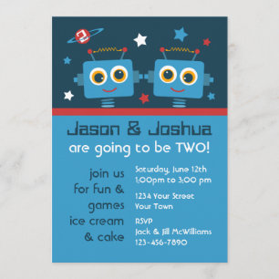 Robot Twins 2nd Birthday Custom Invitations