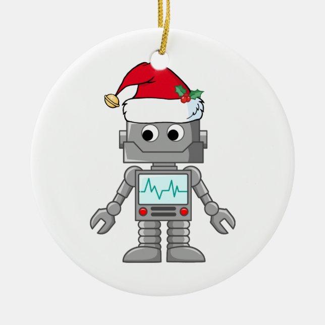 Robot Wearing Santa Hat Ceramic Ornament (Front)