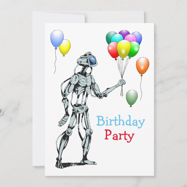 Robot with Balloons Birthday Invitation (Front)