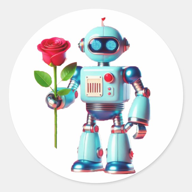 Robot with Rose Classic Round Sticker (Front)