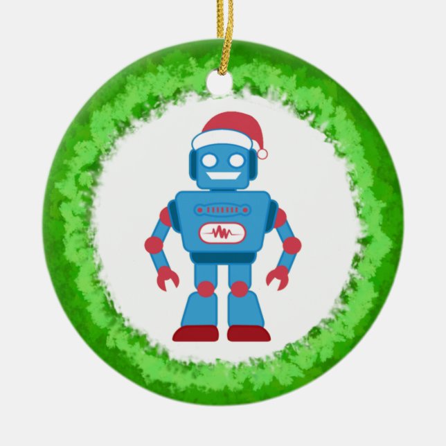Robot Wreath Ceramic Ornament (Front)