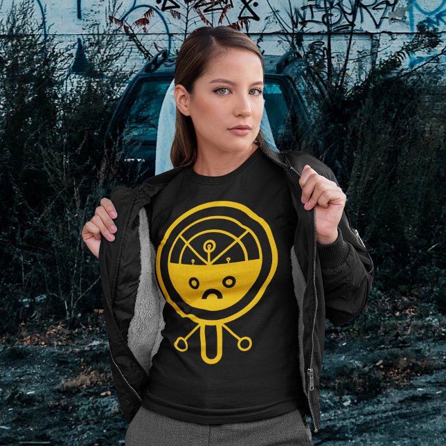 Robotic Alien T-Shirt (Women wearing robot alien design t-shirt in the deep black forest)