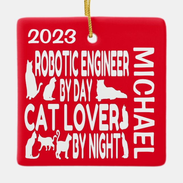 Robotic Engineer Loves Cats CUSTOM Ceramic Ornament (Front)