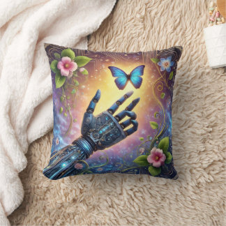 Robotic Hand & Butterfly AI Nature Harmony  Throw Pillow