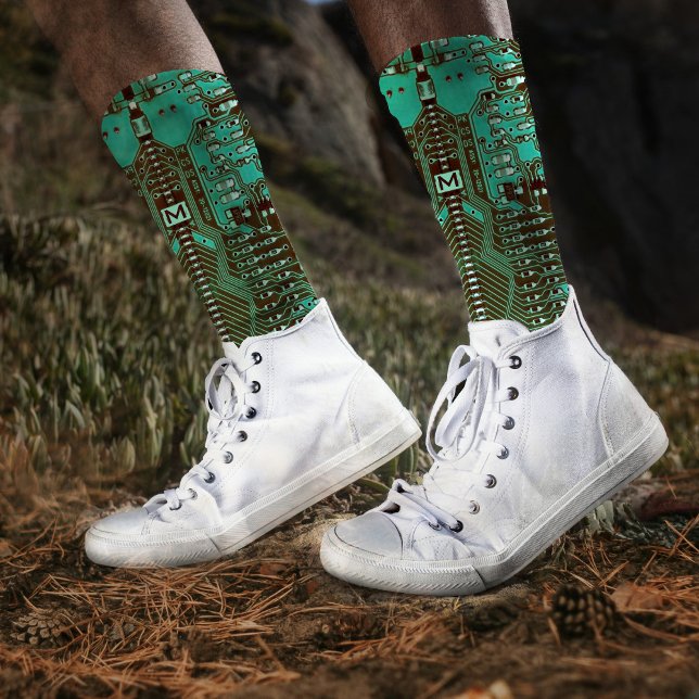   Robotic PCB Microchip Turquoise Geek Monogrammed Socks (Creator Uploaded)