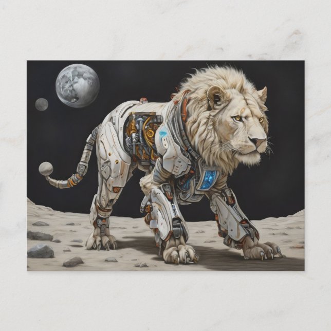 Robotic white lion on surfce of moon postcard (Front)