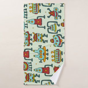 Robots Aliens Vintage Pattern Illustration Bath Towel