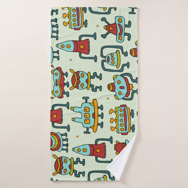 Robots Aliens Vintage Pattern Illustration Bath Towel (Bath Towel)