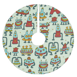 Robots Aliens Vintage Pattern Illustration Brushed Polyester Tree Skirt