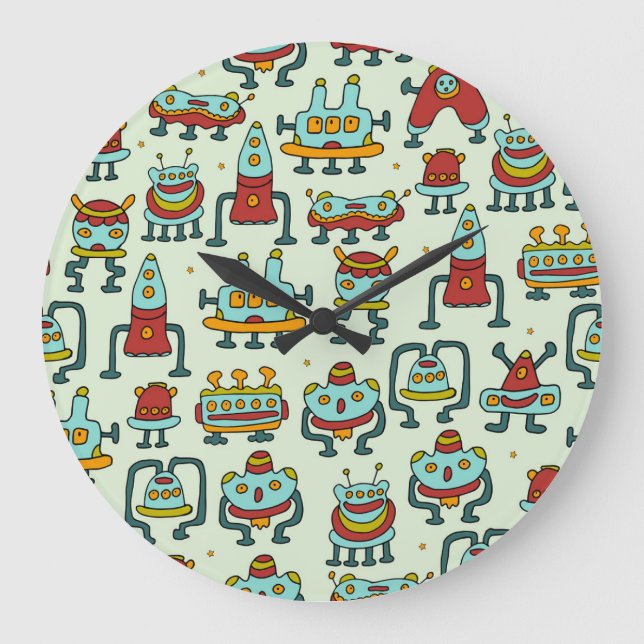Robots Aliens Vintage Pattern Illustration Large Clock (Front)