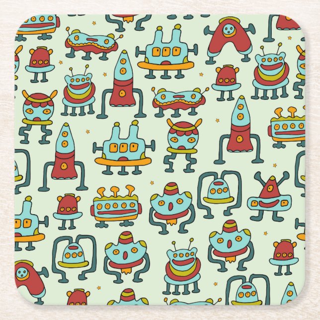 Robots Aliens Vintage Pattern Illustration Square Paper Coaster (Front)