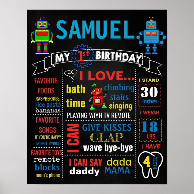 Robots Birthday chalkboard sign chalk board boy (Front)