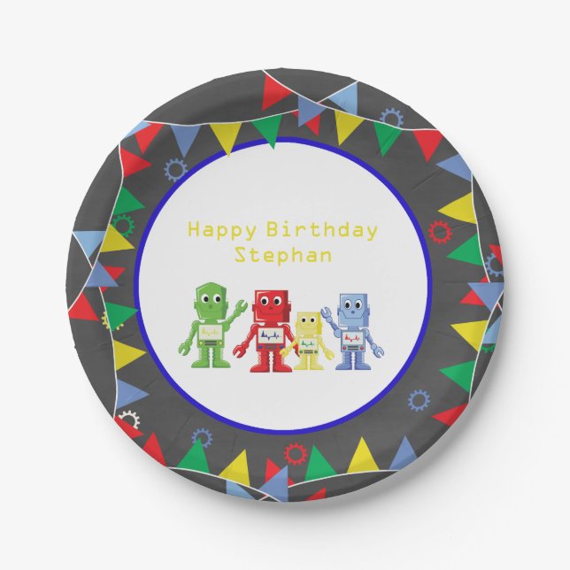 Robots Birthday party Paper plates Personalized (Front)