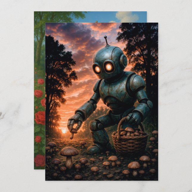 Robots Harvesting Mushrooms and Picking Roses Invitation (Front/Back)