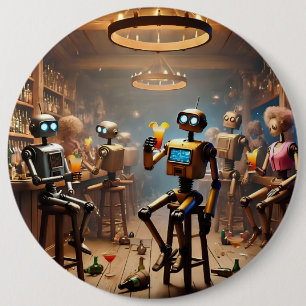 robots having fun in a bar 6 inch round button