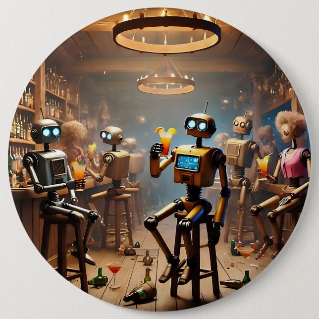 robots having fun in a bar 6 inch round button (Front)