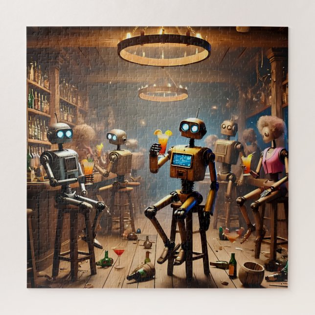 robots having fun in a bar jigsaw puzzle (Vertical)