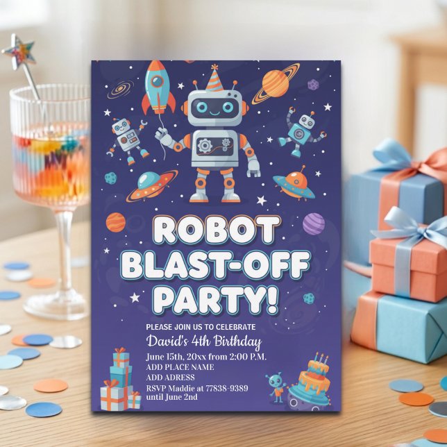 Robots in Space 4th Birthday Party Invitation (Creator Uploaded)