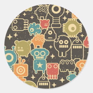 Robots on brown classic round sticker