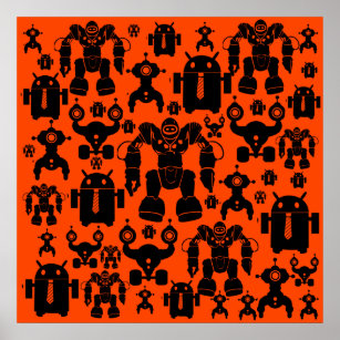 Robots Rule Fun Robot Silhouettes Orange Robotics Poster