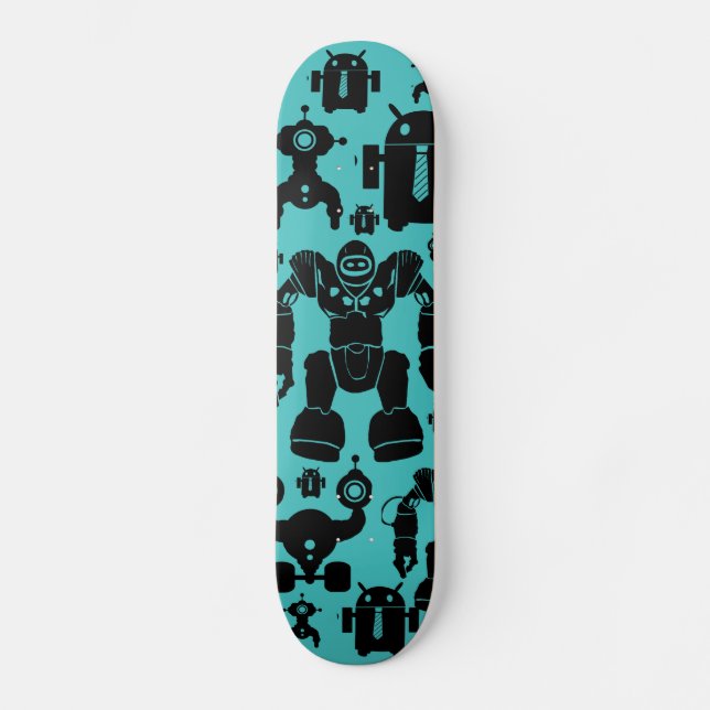 Robots Rule Fun Robot Silhouettes Pattern Blue Skateboard (Front)