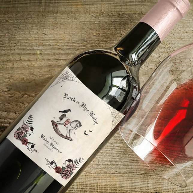 Rock a Bye Baby Gothic Baby Shower Wine Label (Elegant Floral Gothic Baby Shower Wine Label. Pink Roses, Victorian Rocking Horse, Spiderwebs, Bats.)