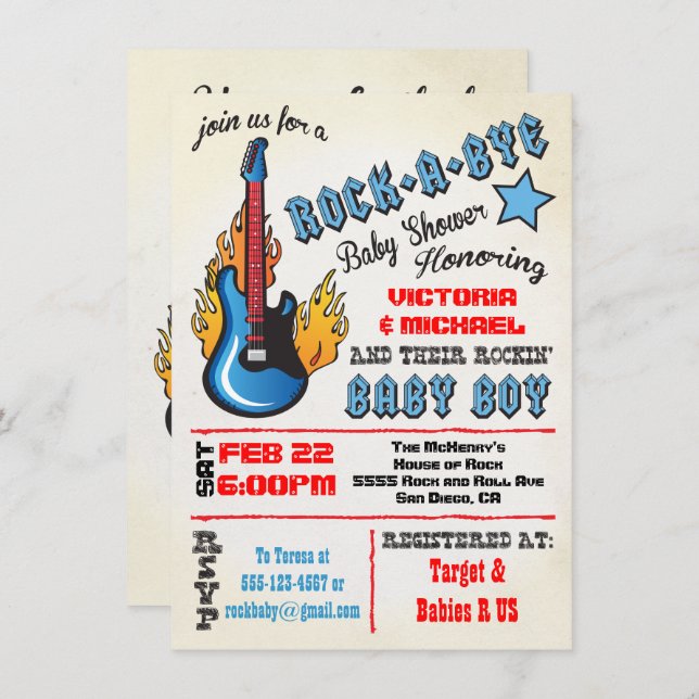 Rock a bye rockstar baby shower Invitations (Devant / Derrière)