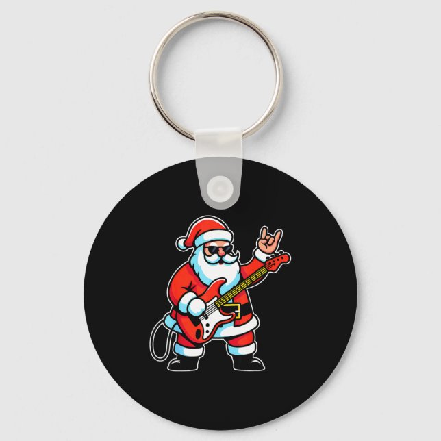 Rock &amp; Roll Christmas Santa Claus Guitar Playe Keychain (Front)