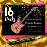 Rock and Roll 16th Birthday Party<br><div class="desc">For the girl that loves to rock, cool rock guitar music themed 16th birthday party modern invitation. Rock and roll colourful electric guitar with gold glitter and musical note illustrations with personalized gold modern calligraphy typography on a black background. This easy to use template creates the perfect personalized invitation to...</div>
