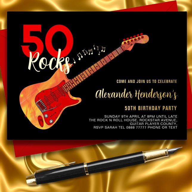 Rock and Roll 50th Birthday Party Black Gold (50 rocks guitar black and gold 50th birthday party invitation )