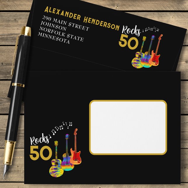 Rock and Roll 50th Birthday Party Envelope (Rock and roll 50th birthday party return address funky guitars cool gold and black envelope )